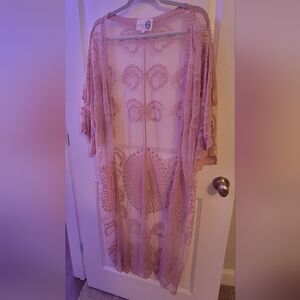 Sheer Light Pink Drop Shoulder Mid Length  Sleeve Lace Kimono / Duster Size S